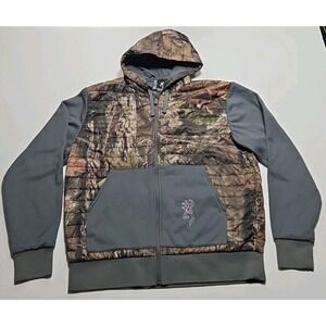 Browning Camo Jacket Hoodie Mens L Gray Contact VS Mossy Oak Full Zip
